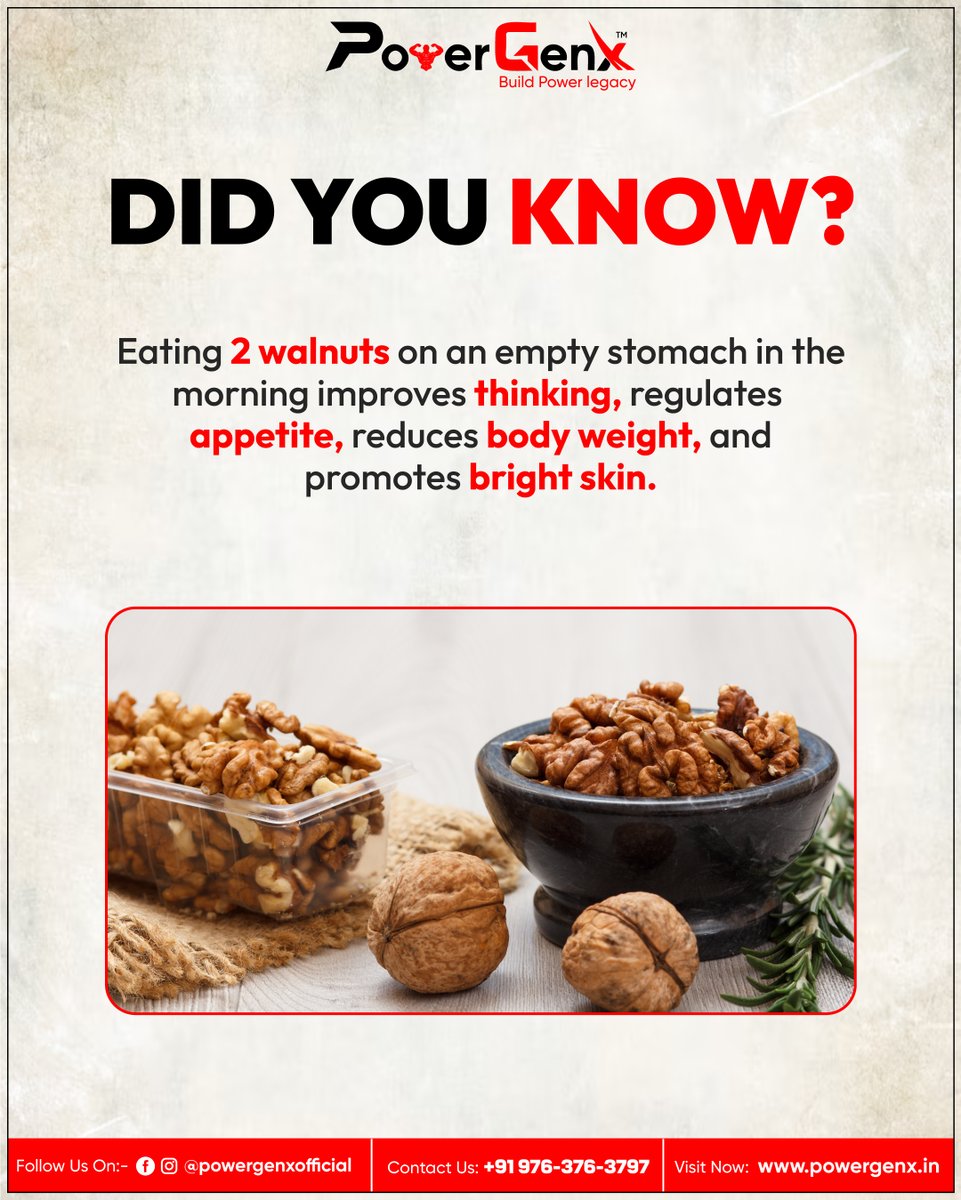 powergenx21's tweet image. 🥜 Did You Know?

Just 2 walnuts on an empty stomach every morning can do wonders for your body and mind!

💡 Boosts thinking
🍽️ Regulates appetite
⚖️ Reduces body weight
✨ Promotes bright skin

#WalnutBenefits #healthyliving #morningroutine #PowerGenx #wellnesstips #brainfood