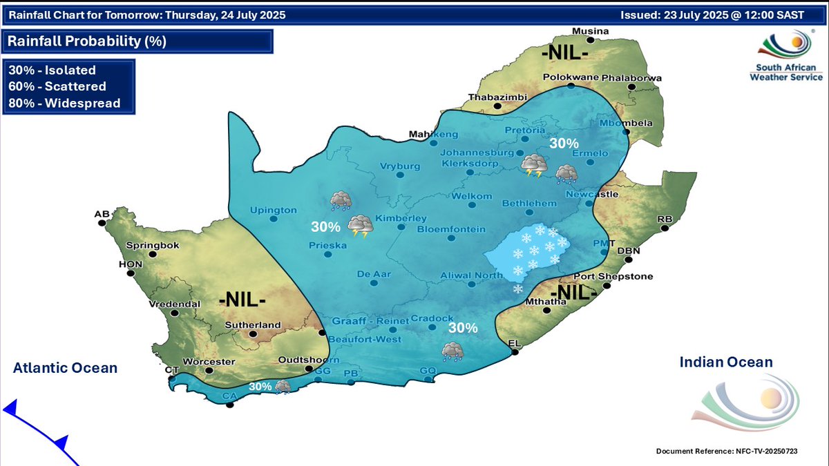 SAWeatherServic's tweet image. Weather forecast for today and tomorrow, 23-24 July 2025:
Partly cloudy and cold to cool with isolated showers and thundershowers.
#saws #southafricanweather #saweatheroutlook