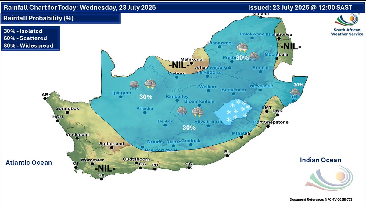 SAWeatherServic's tweet image. Weather forecast for today and tomorrow, 23-24 July 2025:
Partly cloudy and cold to cool with isolated showers and thundershowers.
#saws #southafricanweather #saweatheroutlook