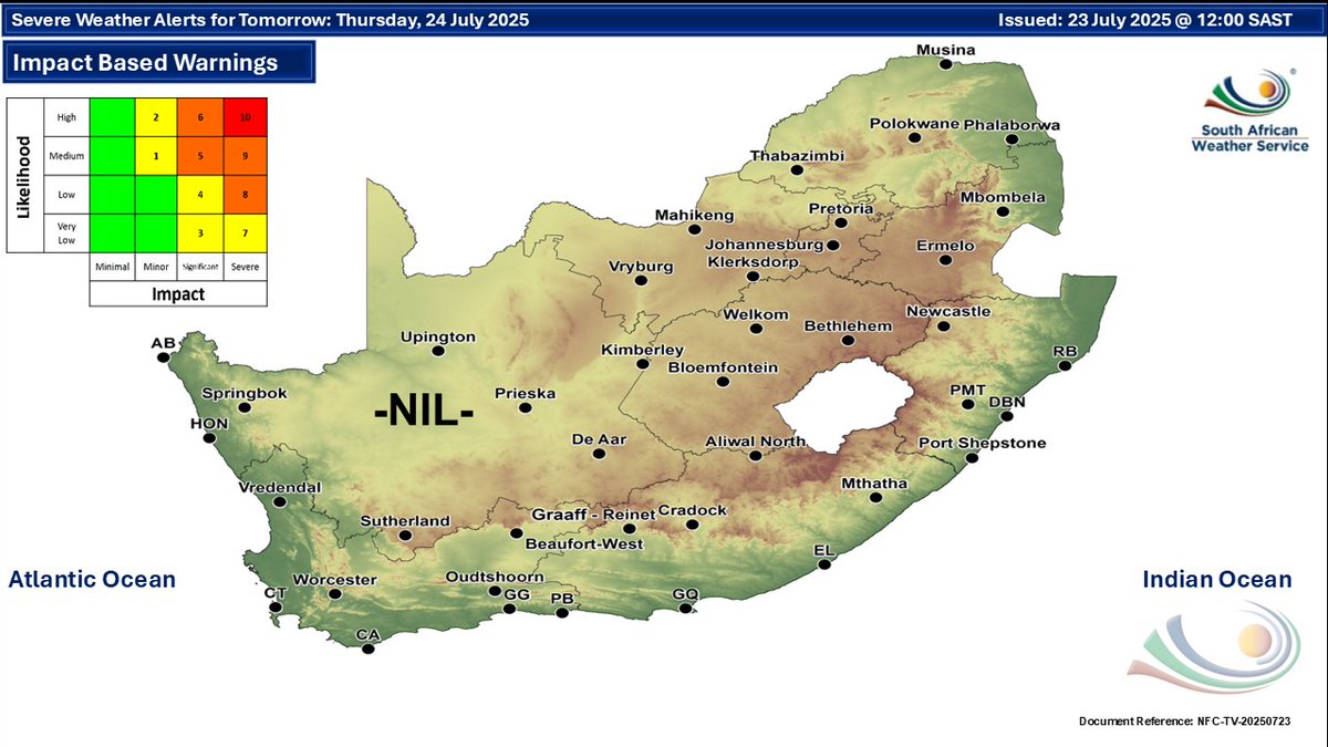SAWeatherServic's tweet image. Weather forecast for today and tomorrow, 23-24 July 2025:
Partly cloudy and cold to cool with isolated showers and thundershowers.
#saws #southafricanweather #saweatheroutlook