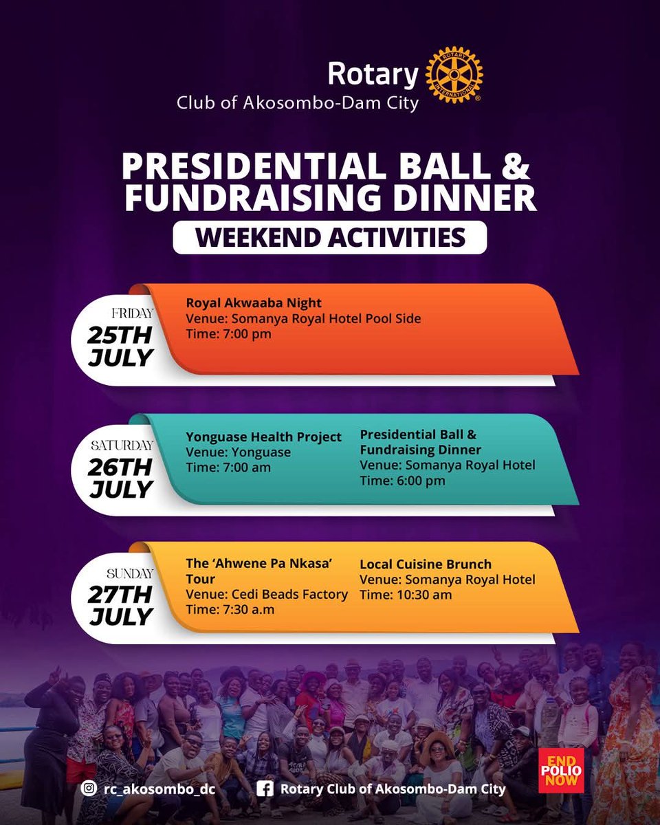 Rotary9104's tweet photo. 🎉The Rotary Club of Akosombo-Dam City is back with a Power-Packed Weekend!

📍Somanya | 📅 July 25–27, 2025
💉 Health Screening
💛 Fundraising for Impact
🎊 Fun Activities

Be part of the change. You can't miss this! #Rotary9104 #PeopleOfAction https://t.co/c7kAS01l1q