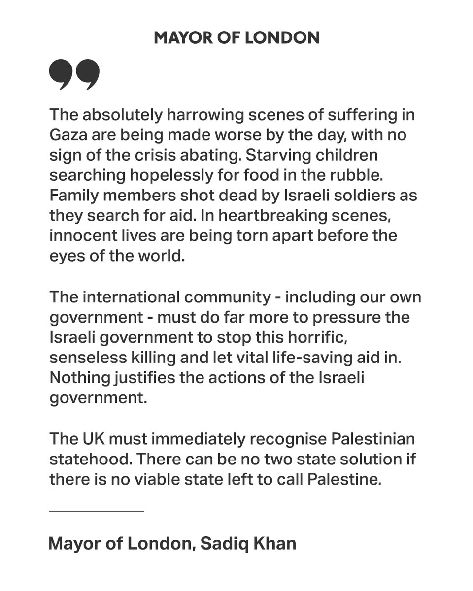 MayorofLondon's tweet image. The UK must immediately recognise Palestinian statehood.
There can be no two state solution if there is no viable state left to call Palestine.