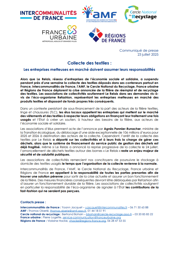 l_amf's tweet image. 🔴 [Communiqué de presse] 
Collecte des textiles : Les entreprises metteuses en marché doivent assumer leurs responsabilités

Alors que Le Relais, réseau d’entreprises de l’économie sociale et solidaire, a suspendu pendant près d’une semaine la collecte des textiles déposés dans…
