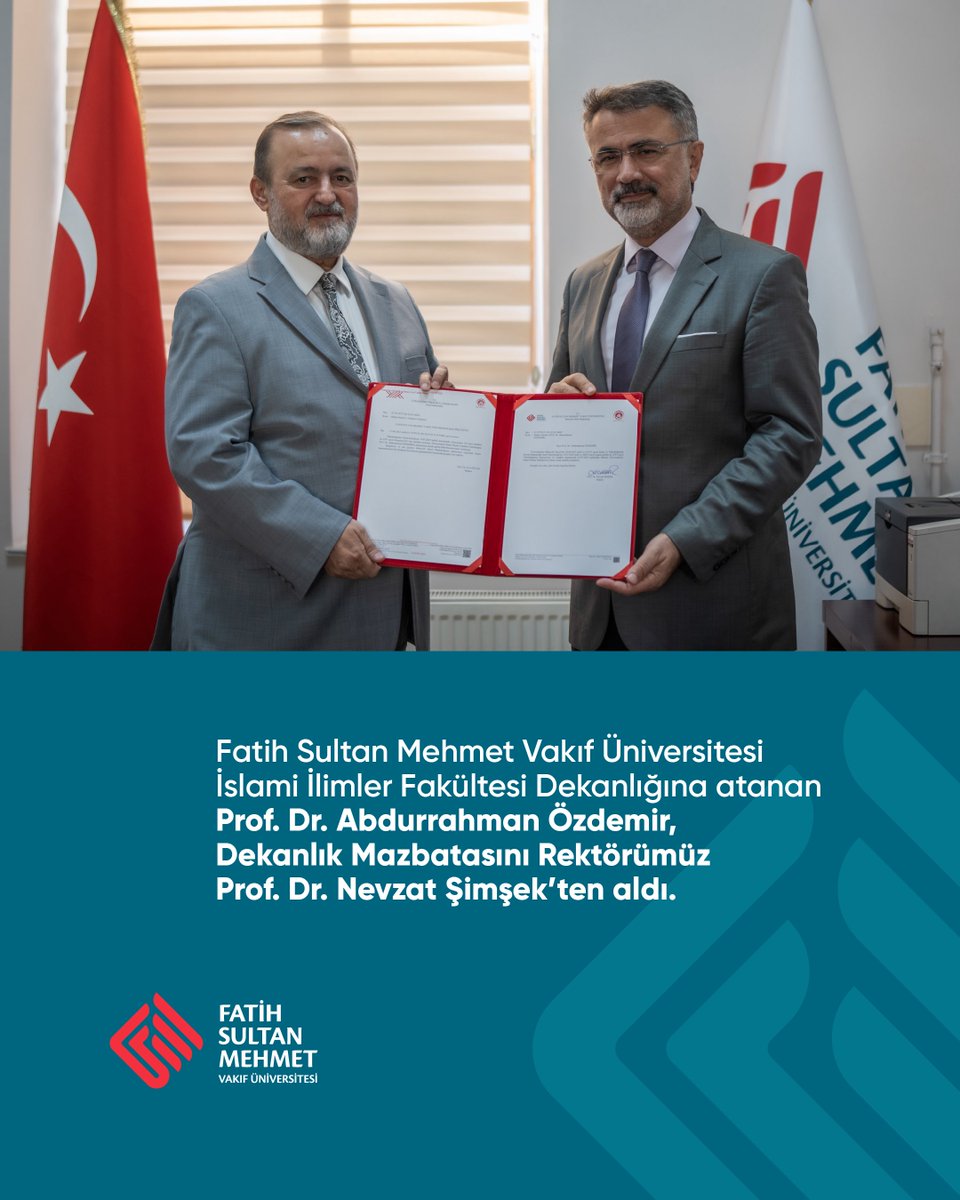 fsmvu's tweet image. Fatih Sultan Mehmet Vakıf Üniversitesi İslami İlimler Fakültesi Dekanlığına atanan Prof. Dr. Abdurrahman Özdemir, Dekanlık Mazbatasını Rektörümüz Prof. Dr. @NevzatSimsek’ten aldı.
Rektörümüz, Dekanımıza yeni görevinde başarılar diledi.