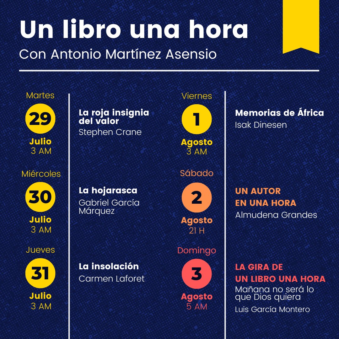 🤩¡Este es el menú de la semana!

Repeticiones de madrugada, nueva entrega de Un autor en una hora y una cuarta parada en 'La gira de Un libro una hora'. 

¡Toma nota y no te pierdas nada! ✍️