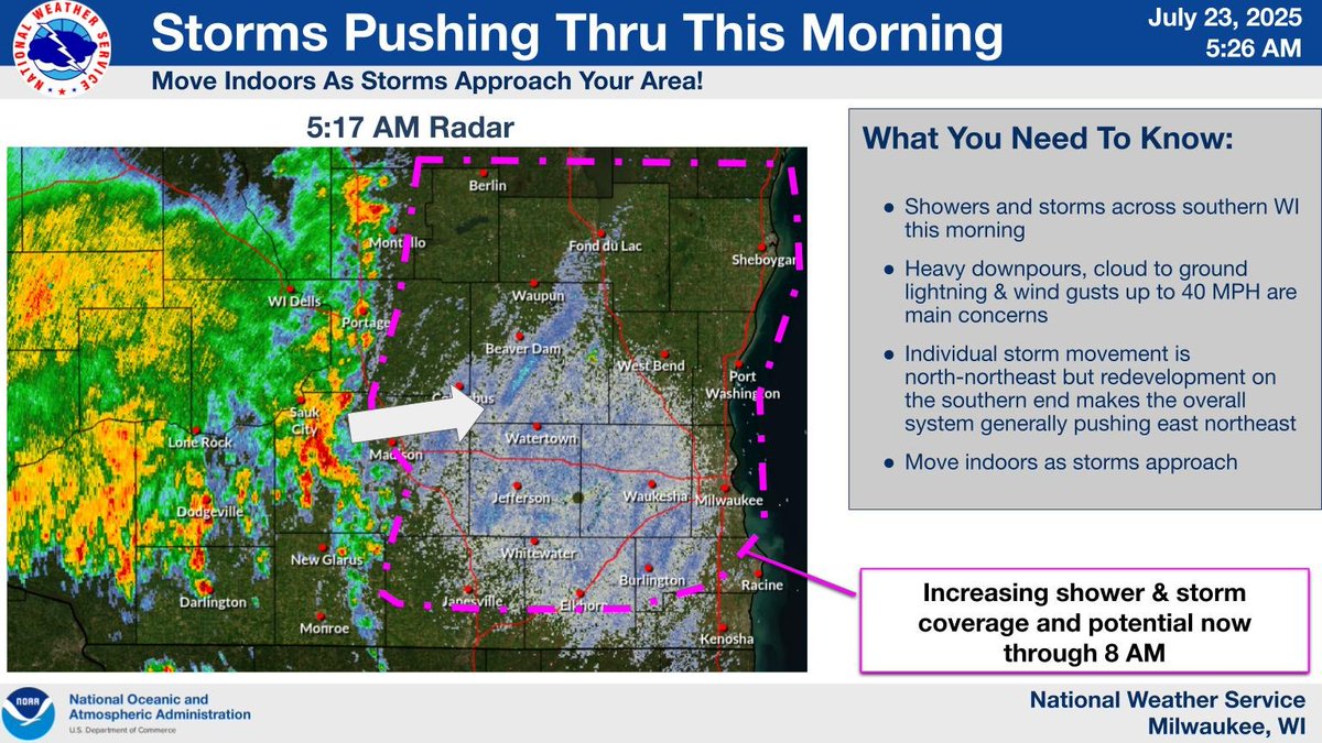 NWSMilwaukee's tweet image. Showers and storms across southern WI this morning. Heavy downpours, cloud to ground lightning and wind gusts up to 40 MPH are main concerns. Individual storm movement is NNE but redevelopment on the southern end makes the overall system generally pushing ENE. #wiwx