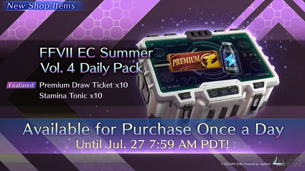 FFVII_EC_EN's tweet image. FFVII EC Summer Vol. 4 Daily Pack Available Now
The FFVII EC Summer Vol. 4 Daily Pack contains Premium Draw Ticket x10 and is available for purchase once per day!
*Please check in-game for details.
#FF7EC #FF7EverCrisis