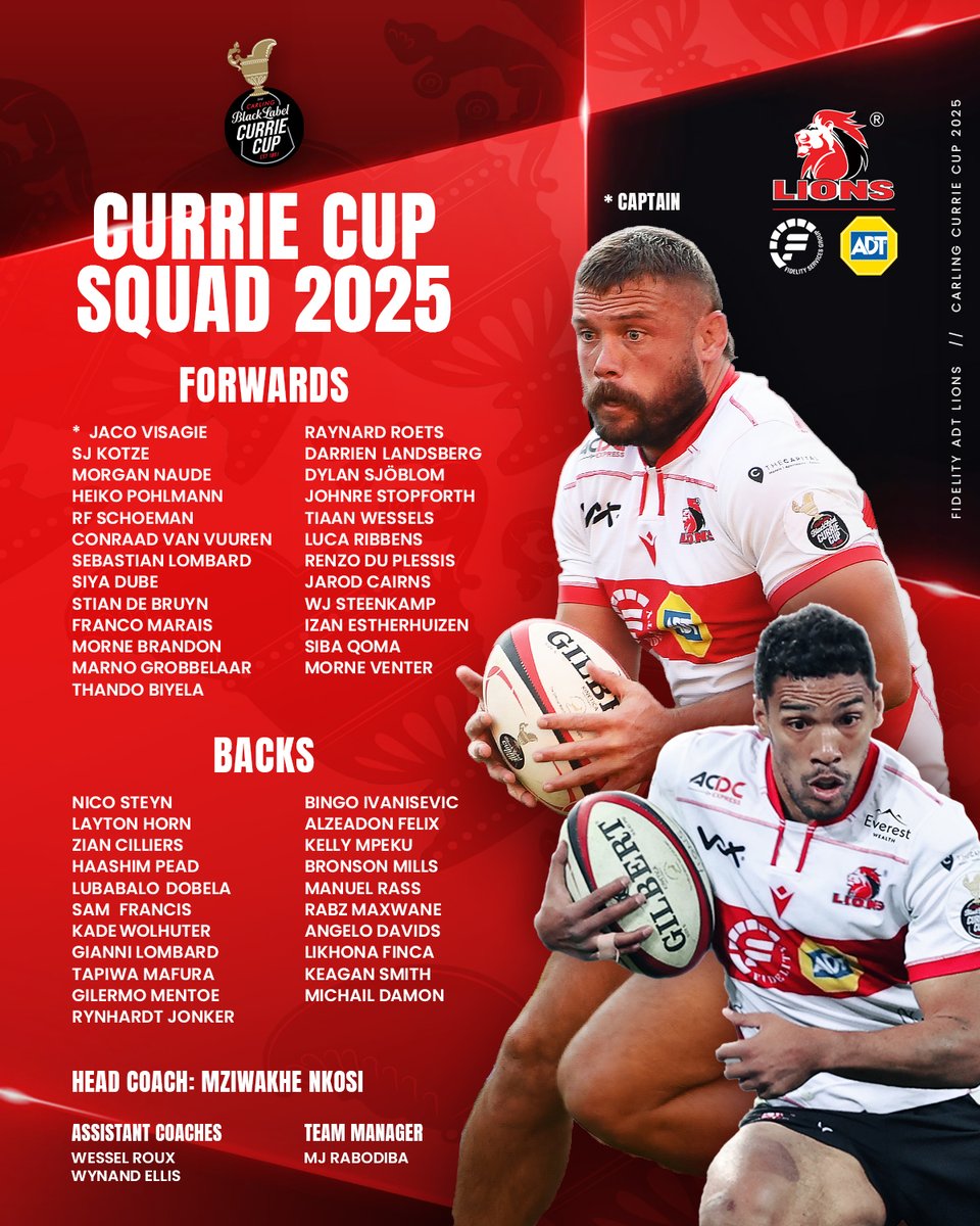 Here's your Fidelity ADT Lions squad for the 2025 Carling Currie Cup.
#CurrieCup | #WhereChampionsRise| #ForOurCity 
#LionsPride🦁