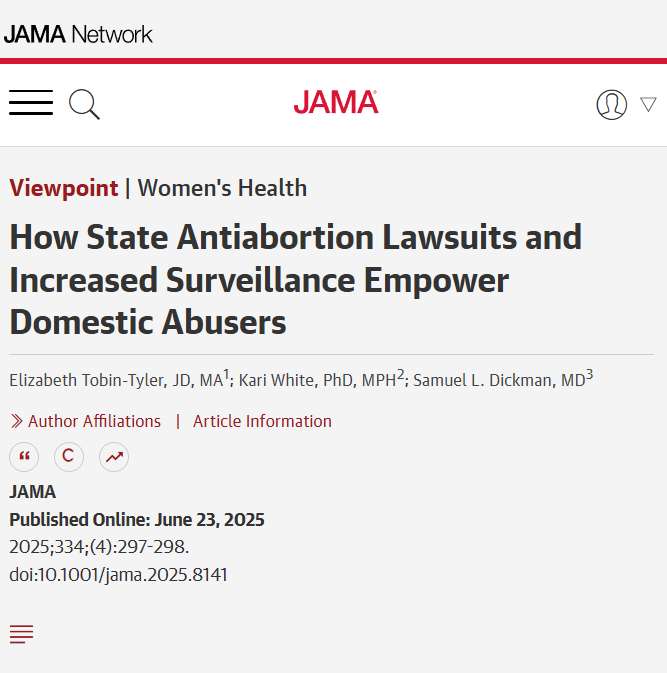 JAMA_current's tweet image. Viewpoint: State antiabortion lawsuits and increased surveillance exacerbate the risks for intimate partner violence survivors.
ja.ma/4f71wLW
