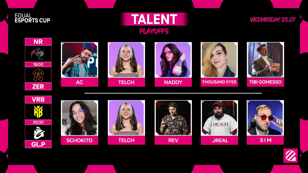 The EUniverse (@the_euniverse) on Twitter photo Talent for #EqualEsportsCup 2025 Playoffs LB Round 1:-
- <a href="/o0AC0o/">AC 🗣️🔇</a>
- <a href="/telchlol/">Telch</a>
- <a href="/Nadsat247/">naddy</a>
- <a href="/1000EyesCasts/">Tessa 'Thousand Eyes' Steis</a>
- <a href="/tibigomesso/">Tibi Gomesso 🎙️</a>
- <a href="/SonjaZuegner/">Schokito</a>
- <a href="/TheRealRevion/">Antonis 'Rev' Stepchenko</a>
- <a href="/JrealCasts/">Jreal</a>
- <a href="/S_I_M_Casts/">S I M</a>
Producer: <a href="/ChippyG4/">Chippy</a>
See you at 1800H 💛
Stream: twitch.tv/euniverse_tv Talent for #EqualEsportsCup 2025 Playoffs LB Round 1:-
- <a href="/o0AC0o/">AC 🗣️🔇</a>
- <a href="/telchlol/">Telch</a>
- <a href="/Nadsat247/">naddy</a>
- <a href="/1000EyesCasts/">Tessa 'Thousand Eyes' Steis</a>
- <a href="/tibigomesso/">Tibi Gomesso 🎙️</a>
- <a href="/SonjaZuegner/">Schokito</a>
- <a href="/TheRealRevion/">Antonis 'Rev' Stepchenko</a>
- <a href="/JrealCasts/">Jreal</a>
- <a href="/S_I_M_Casts/">S I M</a>
Producer: <a href="/ChippyG4/">Chippy</a>
See you at 1800H 💛
Stream: twitch.tv/euniverse_tv