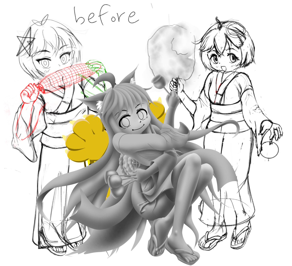 tag_nekonya27's tweet image. やっぱり最初からキャラをバラバラに描くとダメだなー。
等身やら体の厚みやらがめちゃくちゃだった。

まずは揃えないと！