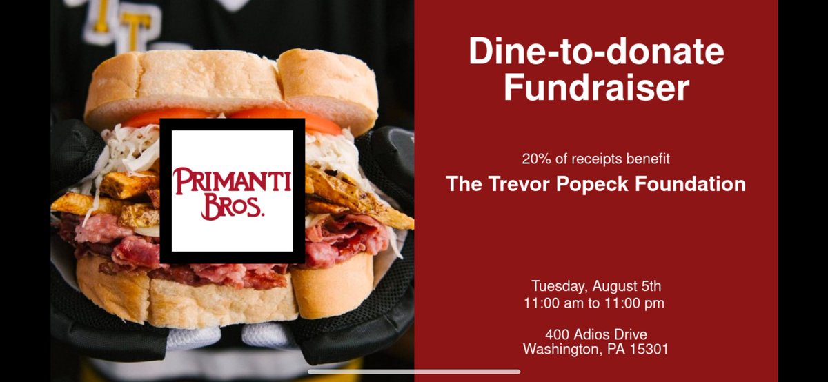 TrevorPopeckFD's tweet photo. Join us on Tuesday, August 5, 2025, from 11:00 AM to 11:00 PM at Primanti Bros. in Washington for a Dine to Donate fundraiser! You must show one of the screenshot flyer when you order. Feel free to share with family and friends — we truly appreciate your support! https://t.co/KrisxfzDmi