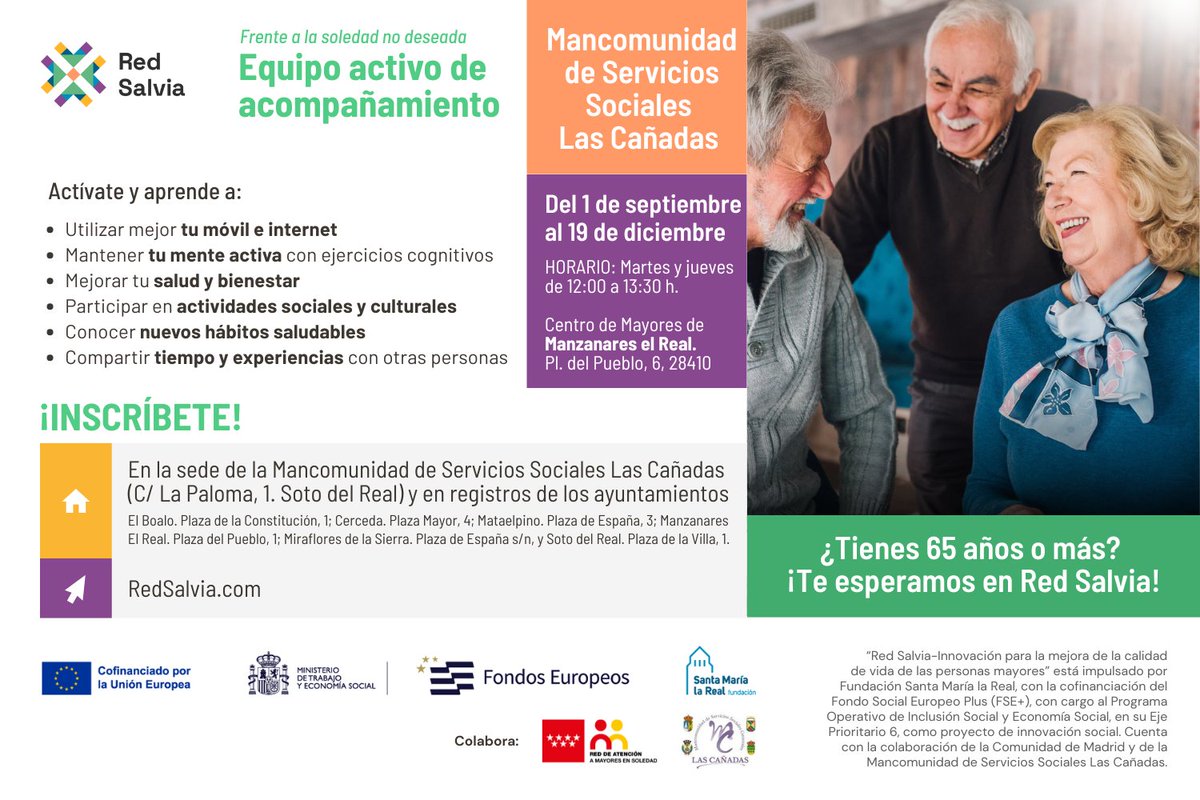 🌿 #RedSalvia arranca en septiembre en la Comunidad de Madrid, con su primer itinerario👵🏼🧓🏾 Una formación GRATUITA para personas +65 años Manzanares El Real.

🗓️ 1/09 al 19/12
🕛 2 días/semana, por la mañana

¡INSCRÍBETE! redsalvia.com
Más info: bit.ly/red-salvia-com…