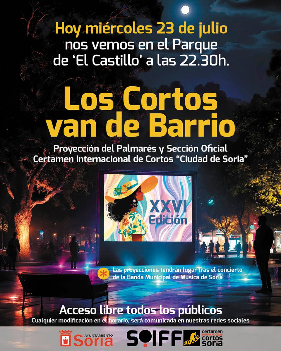 Nuevas historias en la proyección de esta noche dentro de "Los Cortos van de Barrio".
<a href="/Ayto_Soria/">Ayuntamiento de Soria</a> <a href="/cjuventudsoria/">Concejalía Juventud</a>

#EligeSoria #eligecine #eligecorto