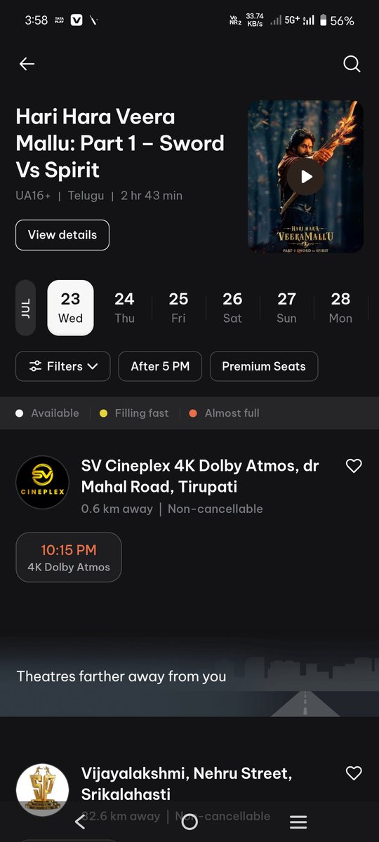 MmArjunred10743's tweet photo. Tirupati Premier
8 Sold out.
3 FF(90% Booking Completed)
Mass Rampage Bookings #HariHaraVeeraMallu #HHVMBooking #HHVMBlazeFromJuly23 https://t.co/qI7lsYDTM1