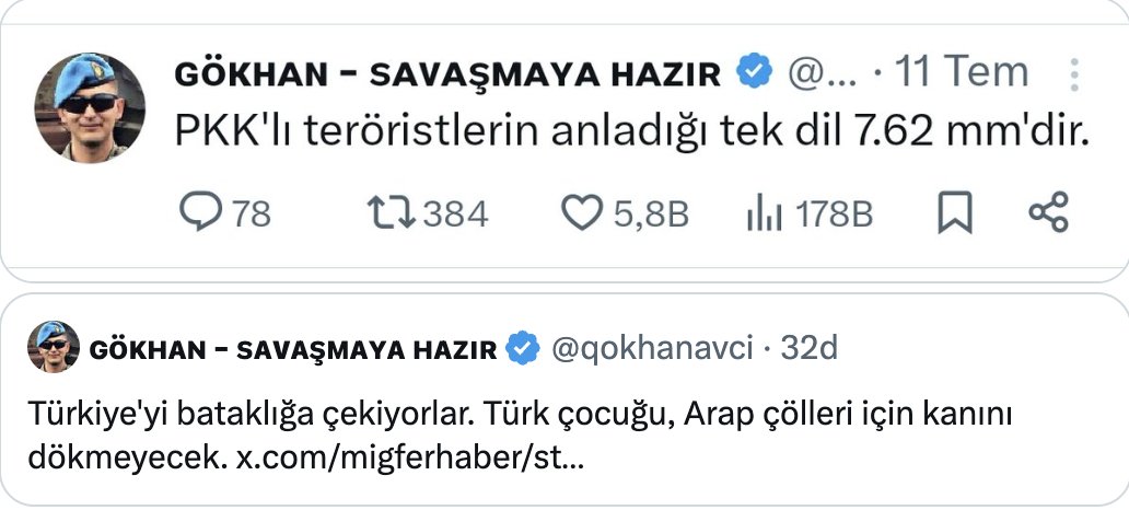 Kemalist: PKK'nın silah bırakması bir aldatmacadır, PYD silah bırakmıyor.
MSB: Suriye terör yapılanmalarına karşı yardım talep ederse olumlu cevap veririz.
Suriye: Topraklarımızdaki terör yapılanmaları ile mücadele için Türkiye'den yardım talep ediyoruz.
Kemalist: Türk çocuğu,