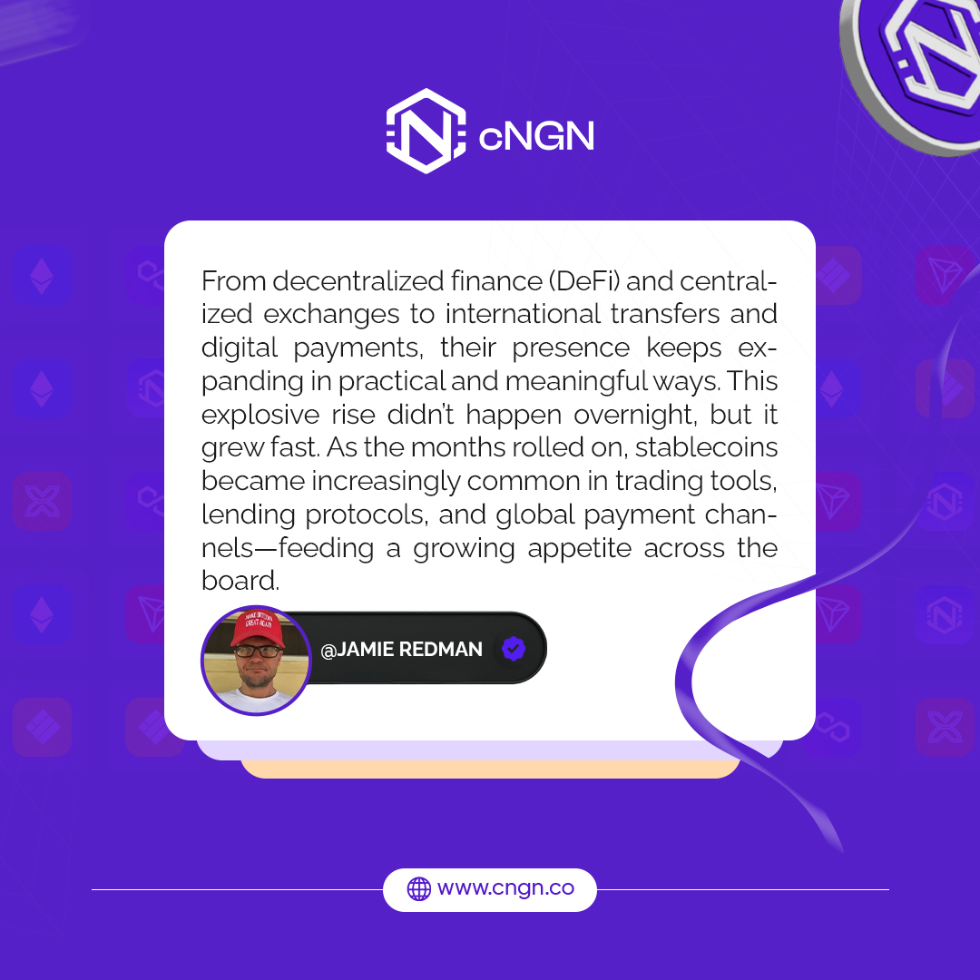 cngn_co's tweet image. From decentralized finance (DeFi) and centralized exchanges to international transfers and digital payments, the presence of stablecoins keeps expanding in practical and meaningful ways.
This explosive rise didn’t happen overnight, but it grew fast. As the months rolled on,…