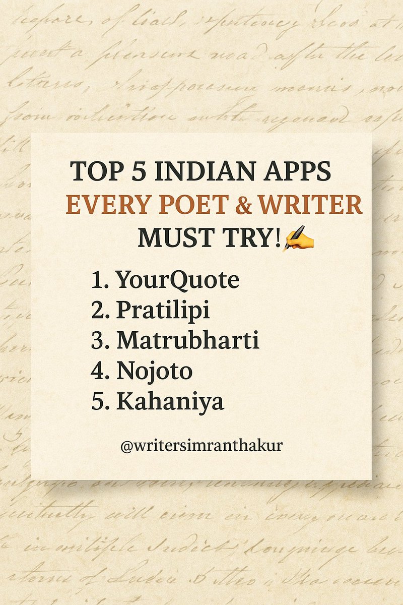 WriterSimran44's tweet image. Top 5 Indian Apps Every Poet &amp;amp; Writer Must Try!
If words are your magic, these platforms are your stage.
Write, express, perform &amp;amp; even earn from your poetry and thoughts! 
Try them now &amp;amp; tag your writing buddies!
#PoetryApps #IndianWriters #YourQuote #Pratilipi #WritingCommunity