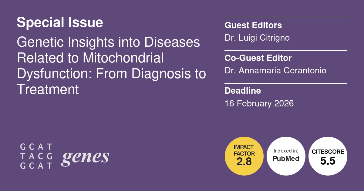 Genes_MDPI's tweet image. Dr. Luigi Citrigno and Dr. Annamaria Cerantonio from IRIB, CNR are Guest Editors of the Special Issue:
Genetic Insights into Diseases Related to Mitochondrial Dysfunction: From Diagnosis to Treatment
#MitochondrialDiseases #mtDNA
Submit your research at: mdpi.com/journal/genes/…