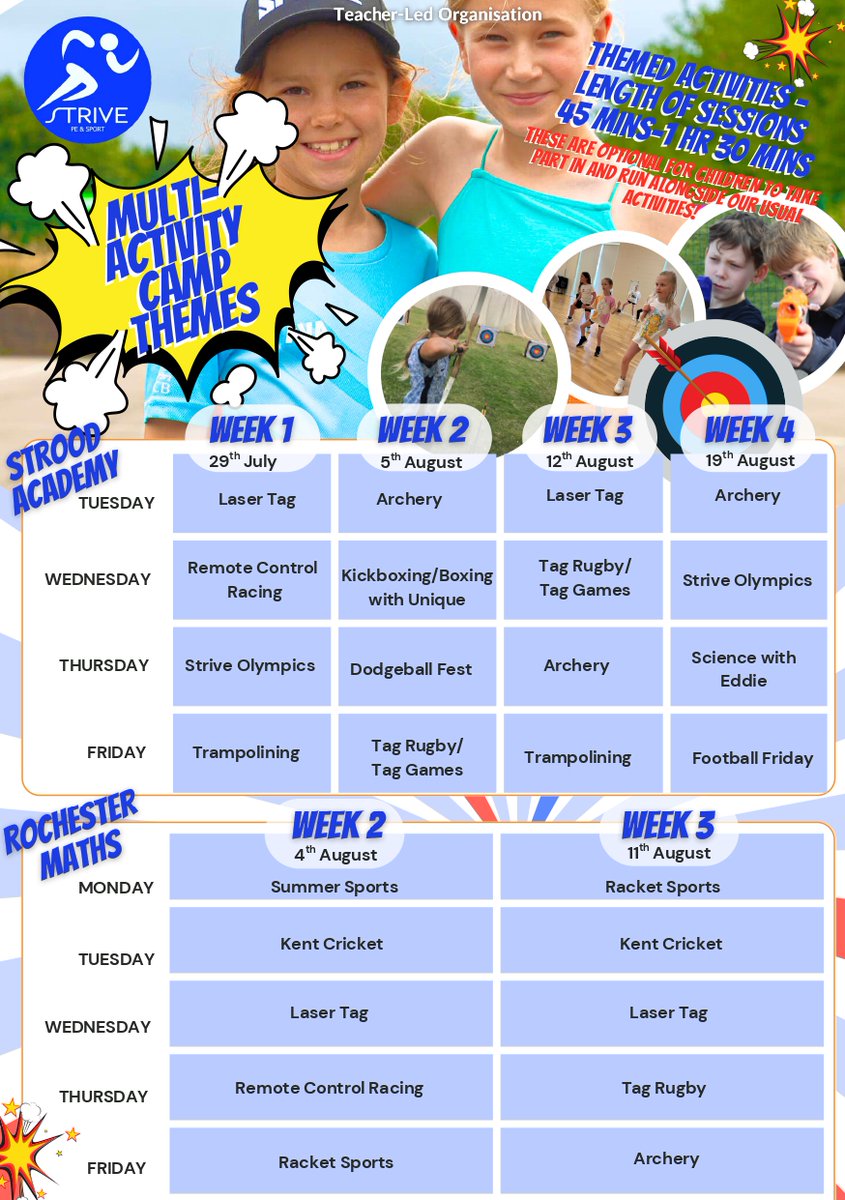 Strood Academy (@stroodacademy) on Twitter photo Summer plans sorted! 🙌 Strive's Multi-Activity Camp at Strood Academy is back! Weekly sessions packed with Laser Tag, Archery, Sports & more for ages 5-11 ✨
🗓️ July 29th - August 22nd
Book now - activities.bookpebble.co.uk/supplier/striv….. Summer plans sorted! 🙌 Strive's Multi-Activity Camp at Strood Academy is back! Weekly sessions packed with Laser Tag, Archery, Sports & more for ages 5-11 ✨
🗓️ July 29th - August 22nd
Book now - activities.bookpebble.co.uk/supplier/striv…..