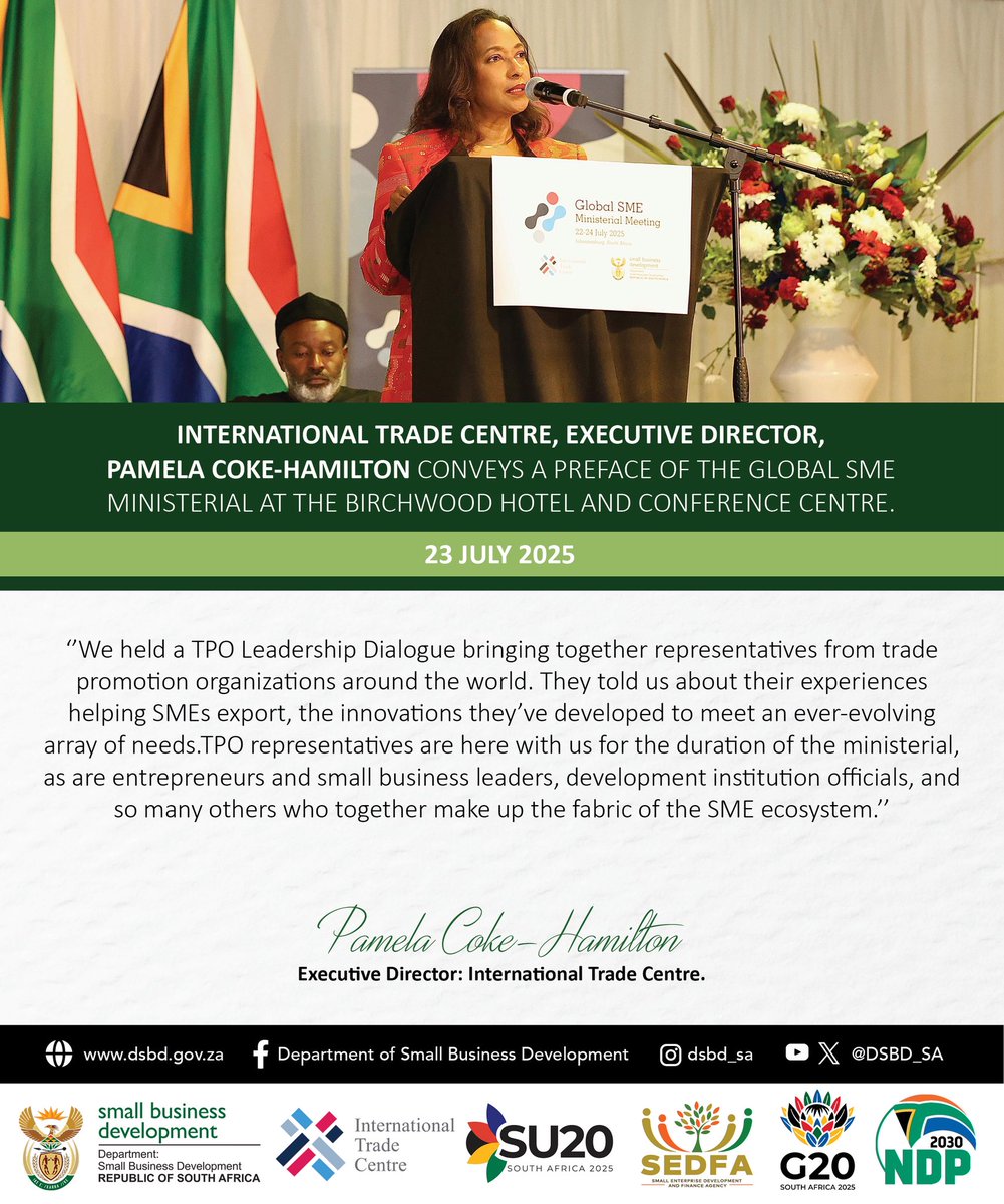 DSBD_SA's tweet image. HIGHLIGHTS | International Trade Centre, Executive Director, Pamela Coke-Hamilton, giving a preface of the Global SME Ministerial Meeting at the Birchwood Hotel and Conference Centre.
#SMEMinisterial #dsbd #sedfa #dsti #globalcollaboration