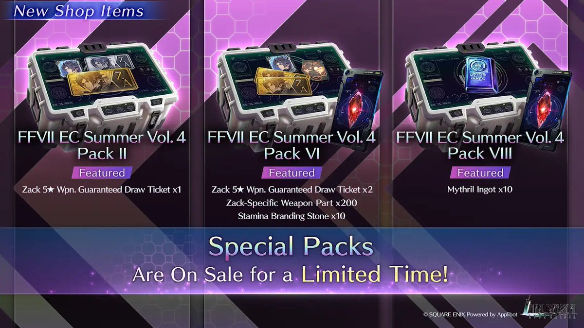FFVII_EC_EN's tweet image. FFVII EC Summer Vol. 4 Packs Available Now
FFVII EC Summer Vol. 4 Packs contain Mythril Ingot x10, Zack-Specific Weapon Part x200, and more, and are available for purchase now!
*Please check in-game for details.
#FF7EC #FF7EverCrisis