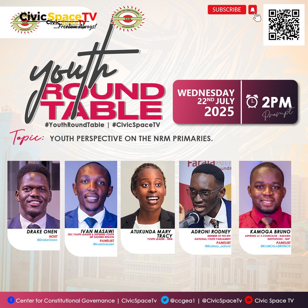 nancyayot's tweet image. Join us for the Youth Perspective on the NRM primaries. @DrakeOnen is hosting @ivanmusawi , @rodney_adroni, @KAMOGABRUNO5 and Atukunda Mary Tracy today.

Watch the Youth Round Table on Civic Space TV by CCG
youtu.be/PW1FfXOWVV0?si…
#YouthRoundTable
#UgandaDecides2026
#CivicSpaceTV