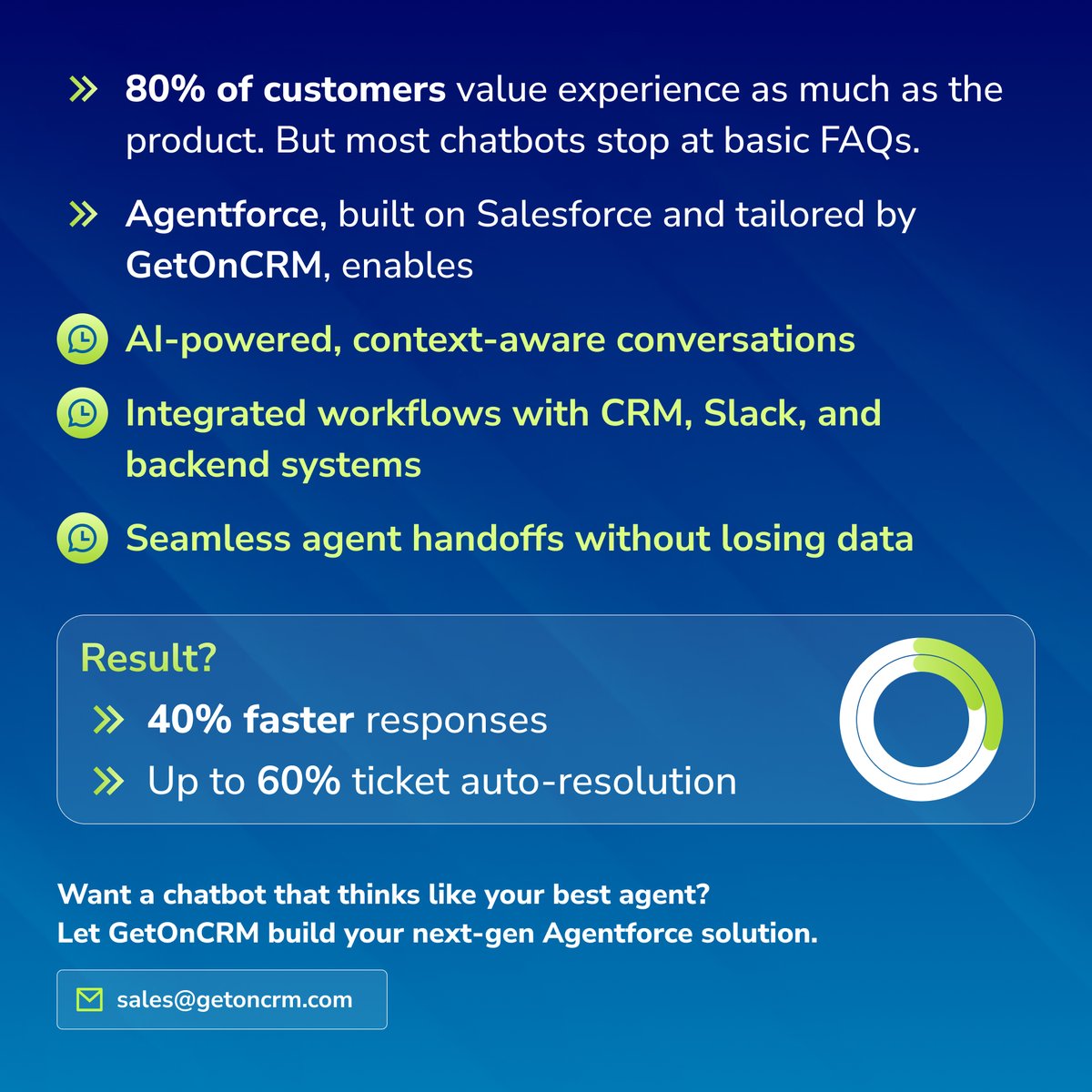 Boring chatbots? That’s old news.

🚀 Agentforce by GetOnCRM is built on Salesforce and built to impress.
⚡ 40% faster replies
💬 AI conversations that feel human

#Agentforce #Salesforce #AIChatbot #CustomerExperience