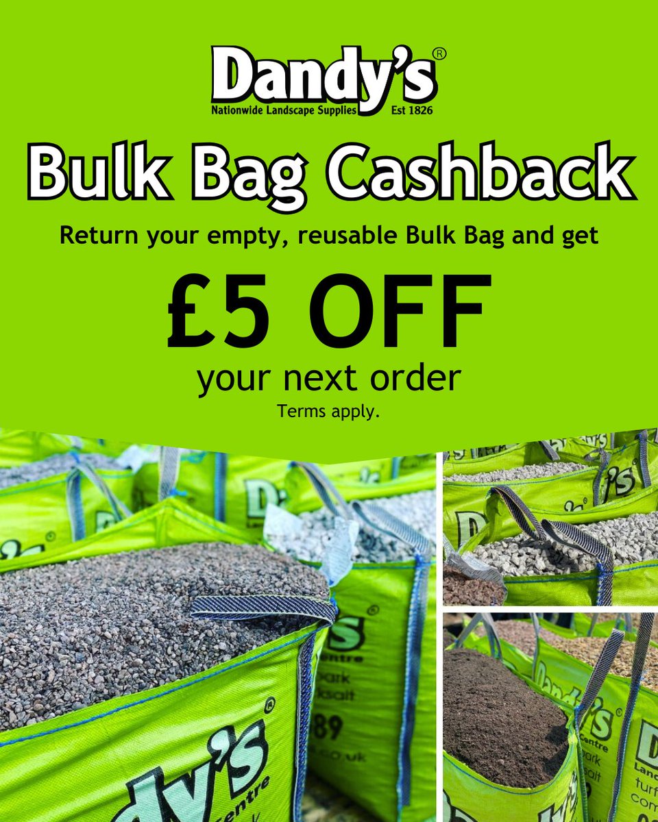 DandysTopsoil's tweet image. Return your empty Dandy's Bulk Bag to our HQ in Chester and receive a £5 voucher for your next order!
📍 Dandy's, Sealand Road, Chester, CH1 6BS
Terms apply: Bulk Bag must be a in a reusable state. £50 minimum spend to apply discount. Can not be used with any other offers or…