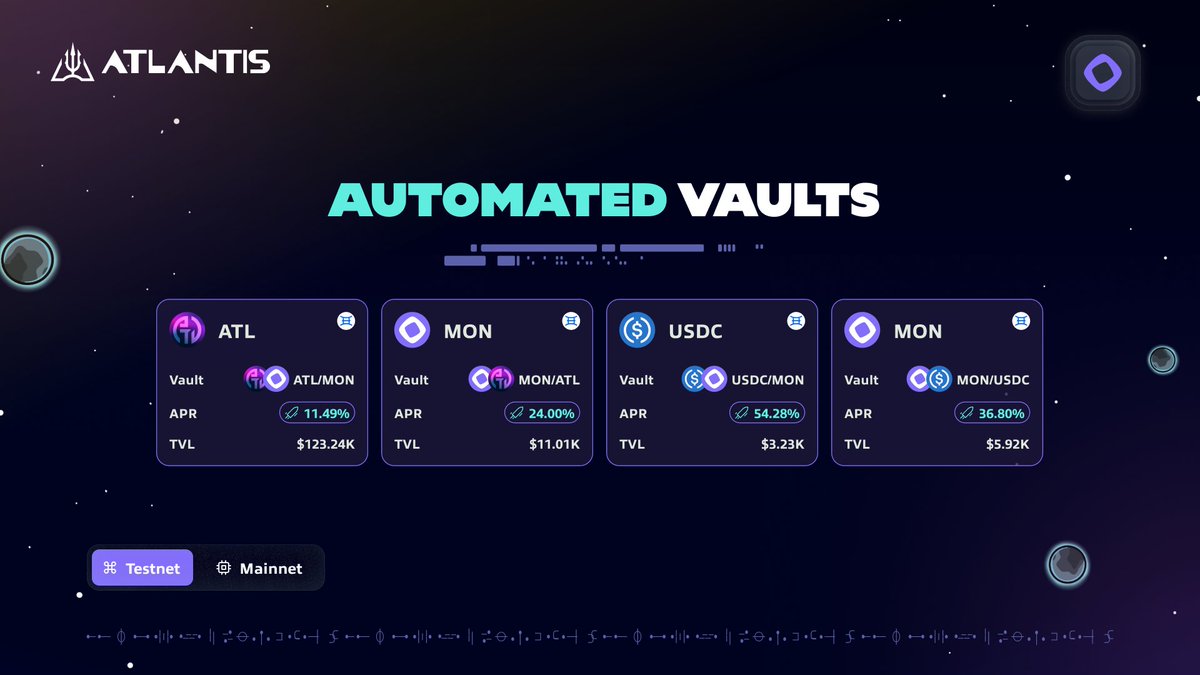 AtlantisDEX_xyz's tweet image. APRs on Automated Vaults are starting to rise. 🌊
Get familiar with our single-deposit vaults ahead of mainnet and start earning high yield with ease!
🔱 app.atlantisdex.xyz/pools/