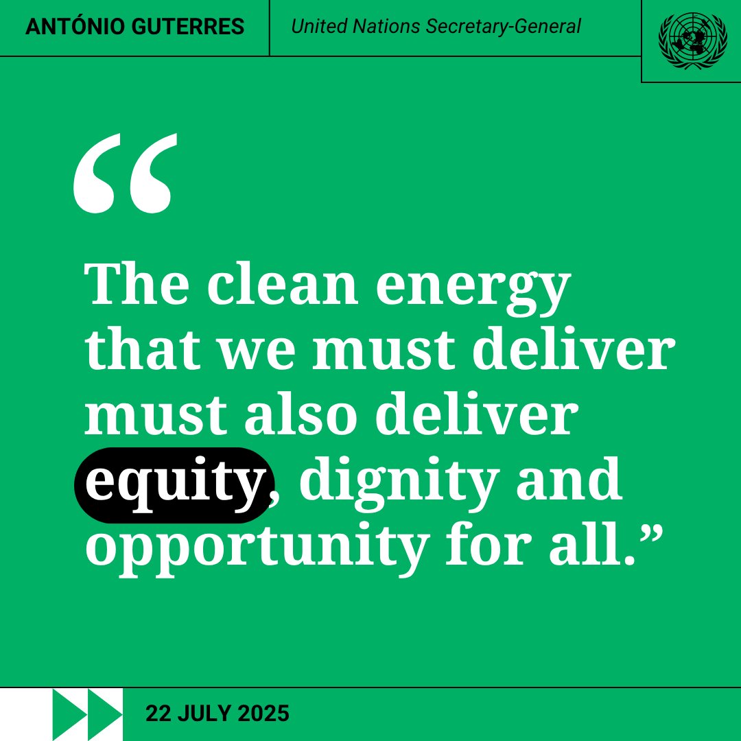 UNEgypt's tweet image. &quot;The clean energy that we must deliver  must also deliver equity, dignity and opportunity for all.&quot;
-- @UN Chief @antonioguterres in a special address on ‘A Moment of Opportunity:  Supercharging the Clean Energy Age&apos;.
egypt.un.org/en/298486-secr…