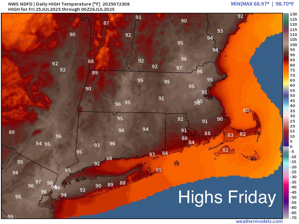 Eweather13's tweet image. ⚠️Friday: 🌤️⛈️🌬️ Mostly sunny, hot and oppressively humid. Isolated afternoon/evening hit or miss thunderstorms. Some storms may be strong to severe. Highs in the low to mid 90s, except 80s at the SE beaches. Breezy SW winds. The heat index will surpass 100° in spots inland. At a…