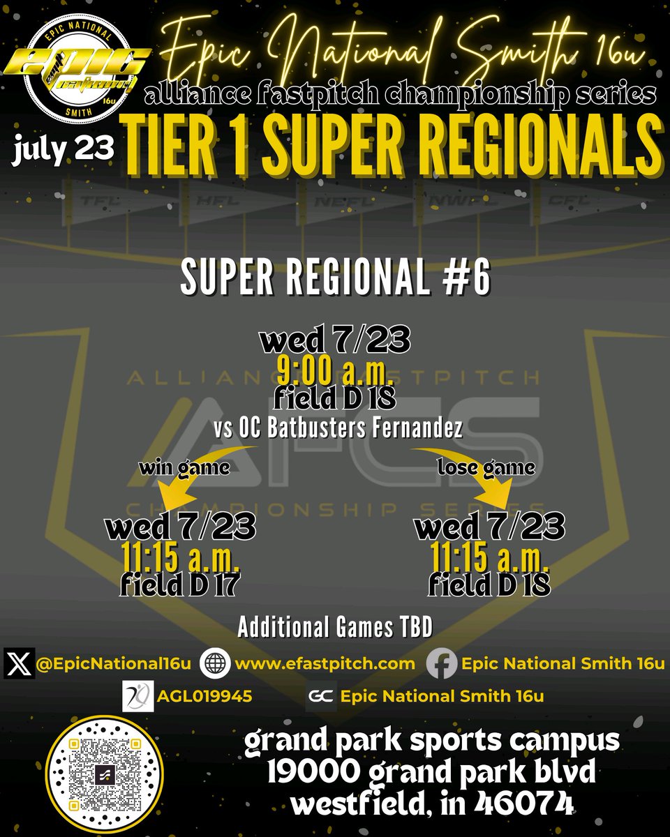Sophie Kuhlman 2027 (@sophie_kuhlman) on Twitter photo We went 1-1 yesterday against some really great talent! Here are today’s times and fields! Continue to come watch us compete!
<a href="/EpicNational16u/">Epic National Smith 16u</a> <a href="/thealliancefp/">The Alliance Fastpitch</a>
<a href="/CoachMcFalls/">Jen</a> <a href="/JackNLucysDad/">Justin lewis</a> <a href="/CoachJonHunter/">Jon Hunter</a> <a href="/LauraHeberling/">Coach H</a> <a href="/CoachChiles3/">Kaitlyn Chiles</a> <a href="/USAOCoachJ/">Jadyn Wallis</a> <a href="/CoachJayGwyn/">Assistant Softball Coach, MIZZOU</a> <a href="/CoachCodyWhite/">Cody White</a> We went 1-1 yesterday against some really great talent! Here are today’s times and fields! Continue to come watch us compete!
<a href="/EpicNational16u/">Epic National Smith 16u</a> <a href="/thealliancefp/">The Alliance Fastpitch</a>
<a href="/CoachMcFalls/">Jen</a> <a href="/JackNLucysDad/">Justin lewis</a> <a href="/CoachJonHunter/">Jon Hunter</a> <a href="/LauraHeberling/">Coach H</a> <a href="/CoachChiles3/">Kaitlyn Chiles</a> <a href="/USAOCoachJ/">Jadyn Wallis</a> <a href="/CoachJayGwyn/">Assistant Softball Coach, MIZZOU</a> <a href="/CoachCodyWhite/">Cody White</a>