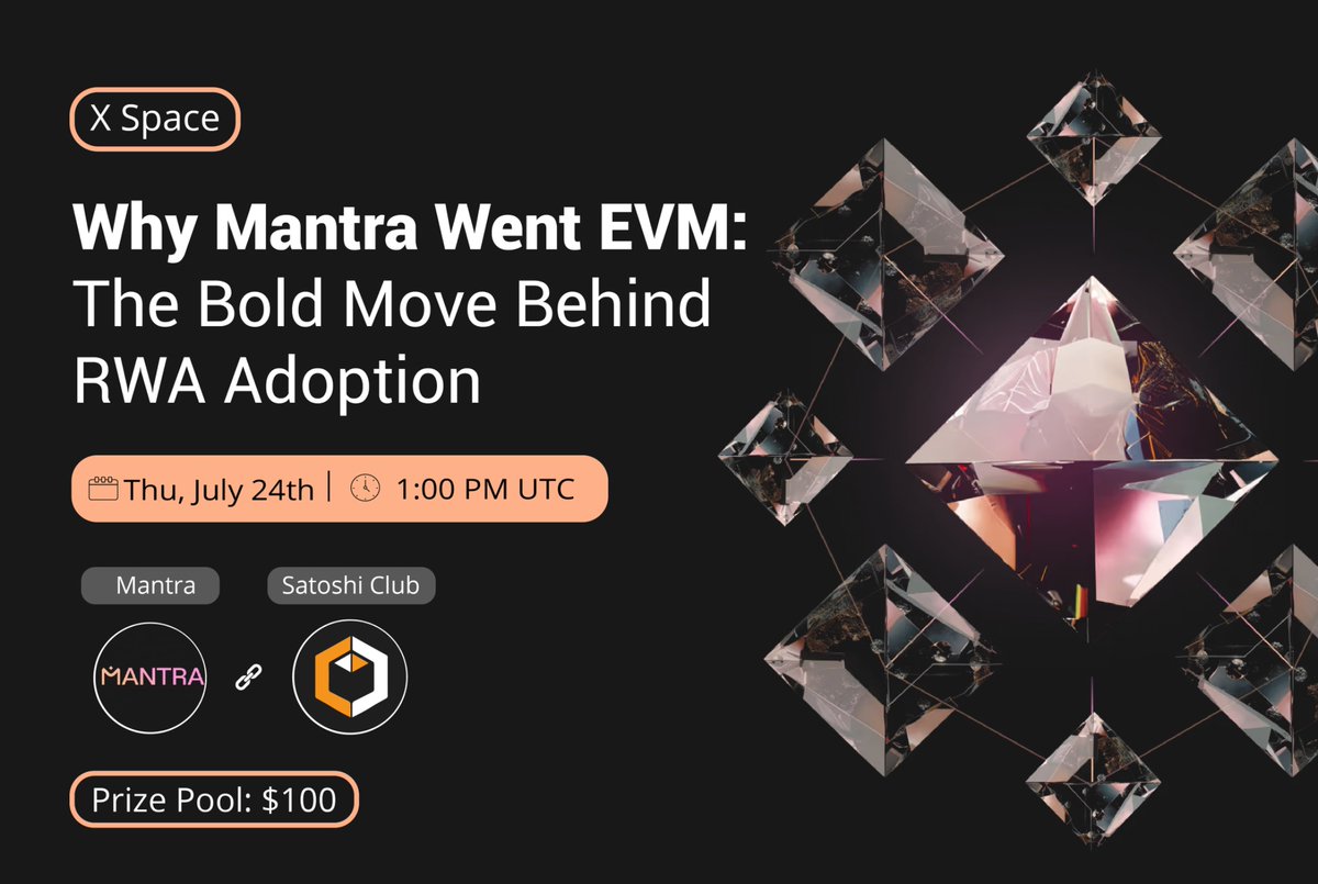 esatoshiclub's tweet image. 📅Don't forget to join our 𝕏 Space with @MANTRA_Chain.
We'll talk about RWAs, blockchain tech, and why Mantra went EVM compatible 🔥
💸The best five questions will share a $100 prize pool!
Set a reminder now👇