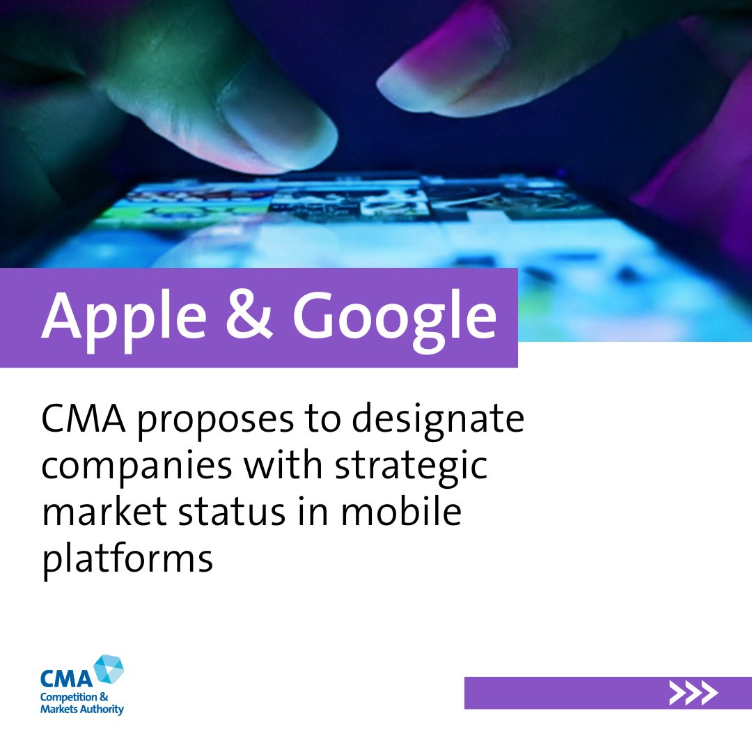 CMAgovUK's tweet image. CMA proposes action to drive more competition on mobile platforms. We’re proposing to designate Apple and Google with strategic market status in each of their mobile platforms under the new digital markets competition regime: competitionandmarkets.blog.gov.uk/2025/07/23/cma…