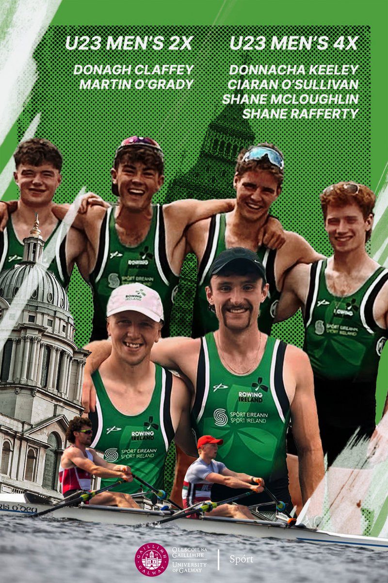 unigalwaysport's tweet image. Men in Green: @RowingIreland
6 of our athletes have been selected for the Irish squad at this year’s U23 World Rowing Championships in Poznan, Poland!
U23 Men’s 2X
Donagh Claffey
Martin O’Grady
U23 Men’s 4X
Donnacha Keeley
Ciarán O’Sullivan
Shane McLoughlin
Shane Rafferty