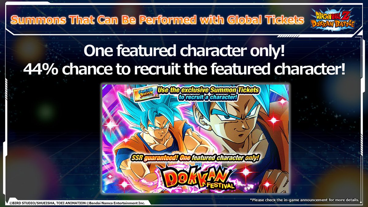 dokkan_global's tweet image. \ #GlobalDokkanCampaign Part 2
Celebration Live Broadcast/
✨"Global Ticket" Summons✨
A summon that requires 10 tickets and a summon that requires 50 tickets will be available!
A 44% chance of recruiting a featured character!
Don't forget to try it out!…