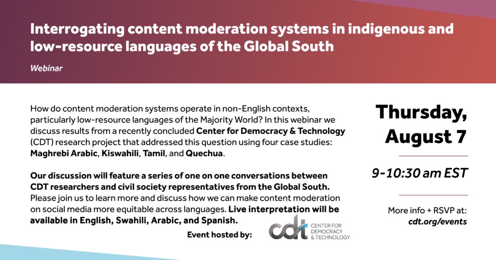 ParadigmHQ's tweet image. How well do social media platforms moderate content in languages like Tamil, Kiswahili, or Quechua?
On August 7, Paradigm Initiative will join the Centre for Democracy and Technology (CDT) and other stakeholders to present new research on this issue, featuring civil society…