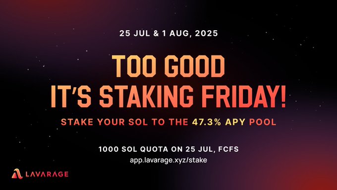 Lavarage Too Good It's Staking Friday promotional image with 47.3% APY SOL staking pool details