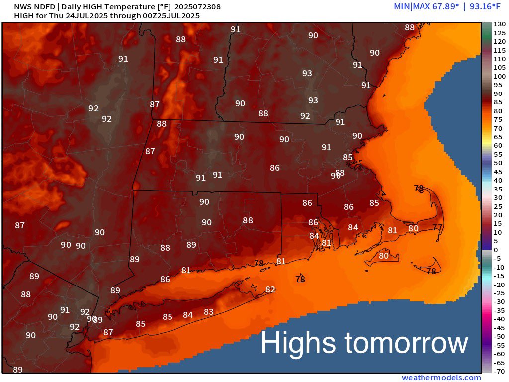 Eweather13's tweet image. Thursday: 🌤️☀️🌬️ Mostly sunny. Humidity increases to moderate levels, but not too bad. Breezy SW winds. Highs in the upper 80s to low 90s inland. Low to mid 80s at the shoreline.