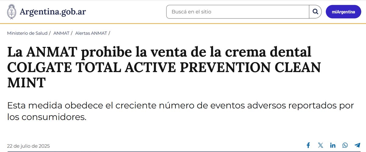 La pasta dental “Colgate Total Clean Mint” ha sido prohibida en todo el territorio argentino por la Administración Nacional de Medicamentos, Alimentos y Tecnología Médica (Anmat) que dispuso la prohibición total del uso, distribución y comercialización de la crema dental así como