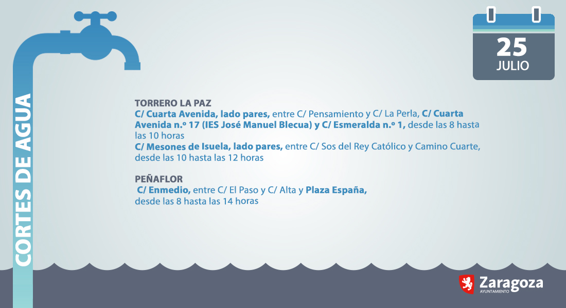 💧Cortes de agua programados en #Zaragoza para el viernes 25JUL. La duración es aproximada, se retomará el suministro en cuanto sea posible.  
Más info. 976 721 550 / 539 Si quieres que te informemos (por SMS o mail) de los cortes que puedan afectarte > bit.ly/30HB8BV