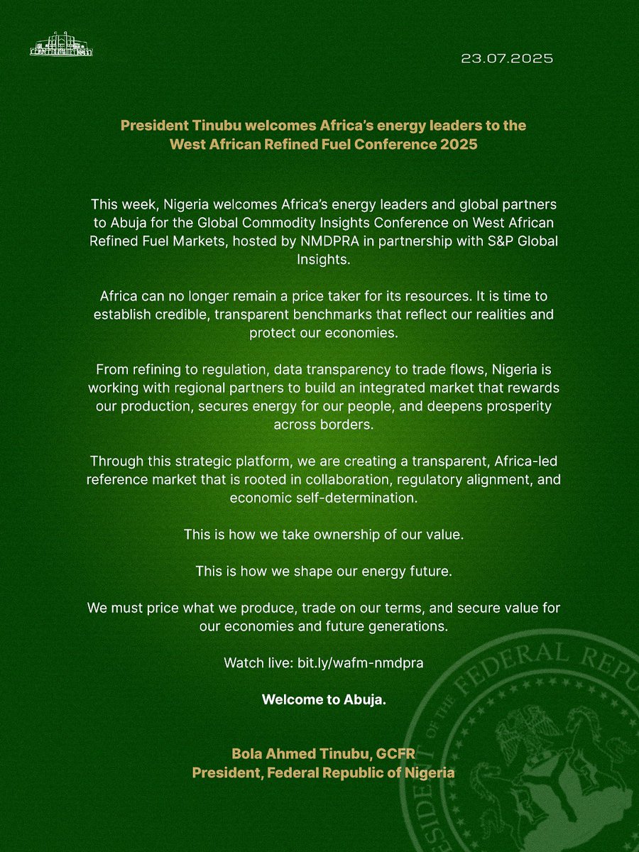 NigeriaGov's tweet image. As Day 2 of #WAFM2025 continues, we reflect on this powerful message from President Bola Ahmed Tinubu to all participants at the onset of the conference:
“This is how we take ownership of our value. This is how we shape our energy future.”
His remarks set the tone for a…
