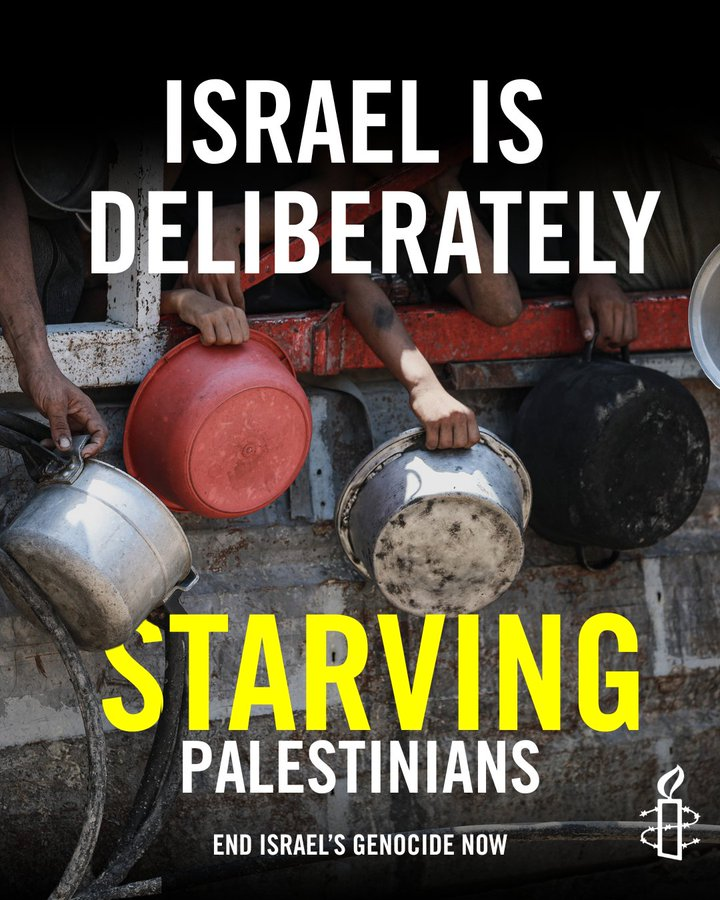 ErikaGuevaraR's tweet photo. Together with over 100 sister humanitarian and human rights NGOs, we are sounding the alarm: mass starvation is rapidly spreading across #Gaza.

We urgently call on states to take immediate action to restore the full, unhindered flow of food, clean water, medical supplies, shelter materials, and fuel through a principled, @UN-led mechanism; end the siege; and agree to a #CeasefireNow. This is not a moral imperative, it is a legal and political responsibility.

Israel must end its genocide against Palestinians in Gaza now! @amnesty 
#GazaStarving #EndGazaGenocide

Full statement: https://t.co/v3wOx0UxXh