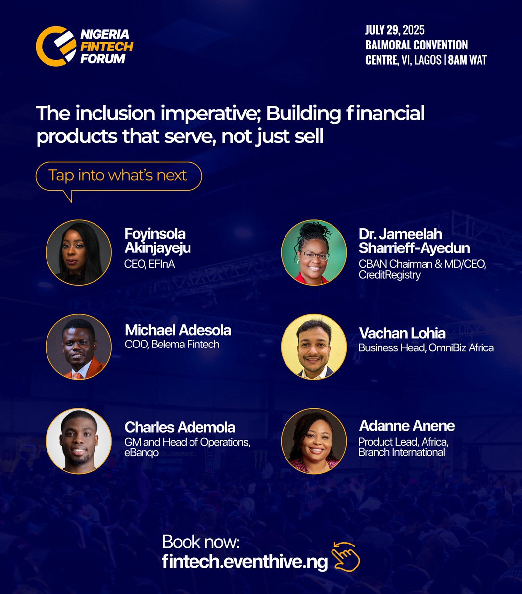 afritechseries's tweet image. Financial inclusion will form a core of the focus discussions at the Nigeria Fintech Forum, spotlighting insights on ‘The Inclusion Imperative: Building Financial Products that Serve, Not Just Sell’. This panel will move beyond the headline numbers to explore the nuanced…