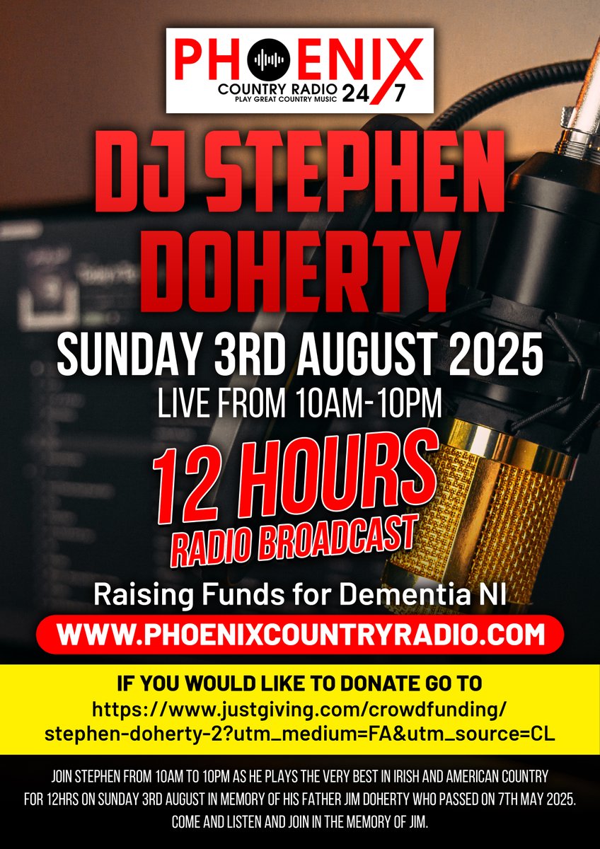 Phoenix CountryRadio (@phoenixcountryr) on Twitter photo Would you like to donate to Stephen's 12hr Radio Broadcast on Sun 3rd August
justgiving.com/crowdfunding/s…
<a href="/PhoenixCountryR/">Phoenix CountryRadio</a>
<a href="/danielodonnell1/">Daniel O'Donnell</a>
To listen live on the day visit phoenixcountryradio.com Would you like to donate to Stephen's 12hr Radio Broadcast on Sun 3rd August
justgiving.com/crowdfunding/s…
<a href="/PhoenixCountryR/">Phoenix CountryRadio</a>
<a href="/danielodonnell1/">Daniel O'Donnell</a>
To listen live on the day visit phoenixcountryradio.com