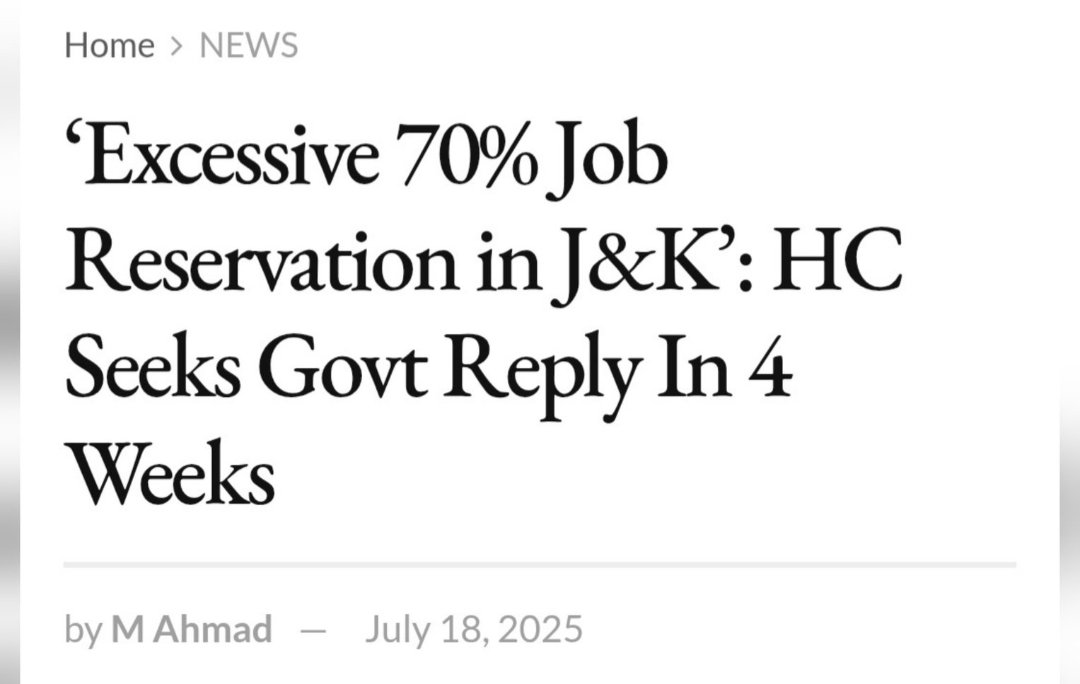 garvit_sethii's tweet image. 70% Reservation in J&K?
Finally, the High Court has asked the government to explain this excessive reservation.
This is not just a legal question — it’s a fight for justice, merit, and equality.
👉 I truly hope merit wins in Jammu & Kashmir.
Because if merit dies today, dreams…