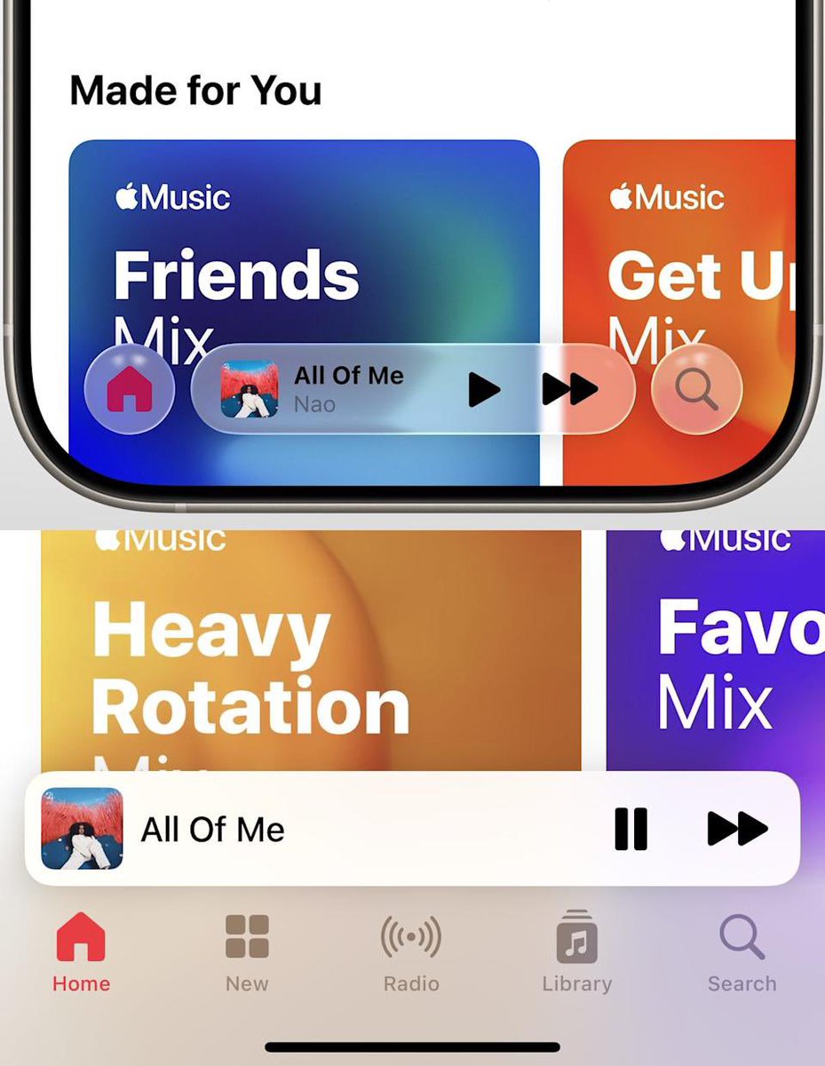 mahersafadii's tweet image. All Apple had to do was just make the Tabview have a progressive blur effect like in the iOS 18 Music app, its simple minimal, and makes the app feel edge to edge while not being visually disturbing, instead they went with the dancing blobs.