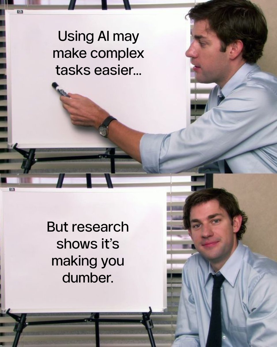 A study by Carnegie Mellon and Microsoft just proved what I've been screaming about for months:

The more you use AI, the dumber you get.

So, please, keep using AI. 

You're making it far easier to outthink you.

✌🏼