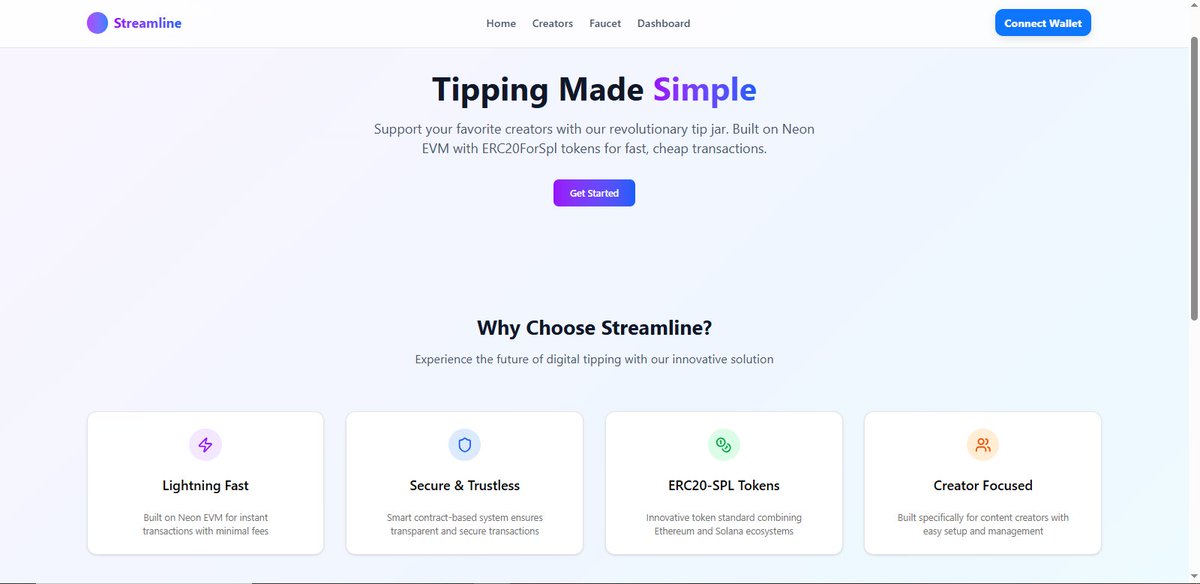 victorokpukpan_'s tweet image. I promised to share some info about the dApp I built for my graduation project using @Neon_EVM.

It’s called Streamline — a decentralized tip jar where creators can receive tips in multiple tokens.

Simple concept, but the implementation showcases something I think is pretty cool…